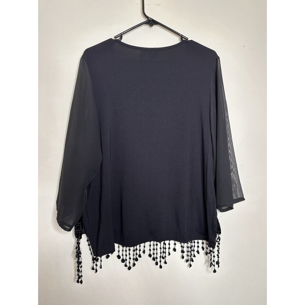 Chicos Top Womens 1 US Med. Black Burnout Velvet Fringe Trim Goth Witch Festival - Picture 7 of 8